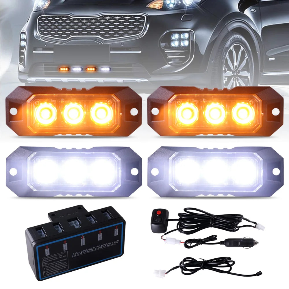 03K Flashing Light - Waterproof Vehicle Strobe Ultra Bright 2Yellow-2White / 4PCS With Host