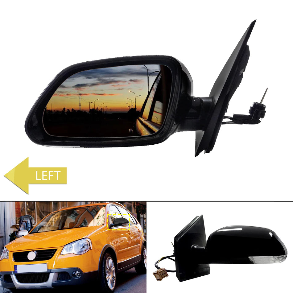VW Polo 2005-2009 Mk4 9N3 Left Side Door Wing Mirror, Manual Cable, Black