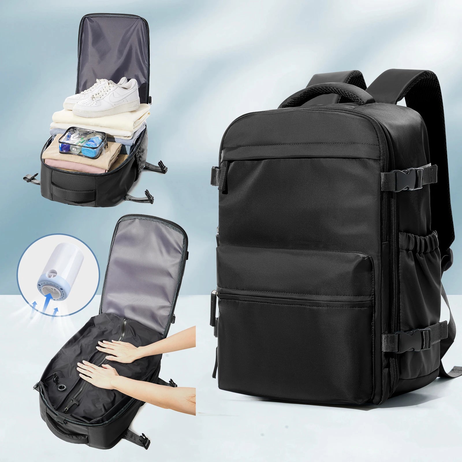 Vacuum Backpack Travel Bag &ndash; Large Capacity Expandable Black with Pump