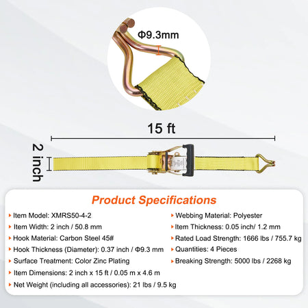 SucceBuy 4Pcs Ratchet Strap Set - Heavy Duty Tie Downs 2 x 15inch / United States