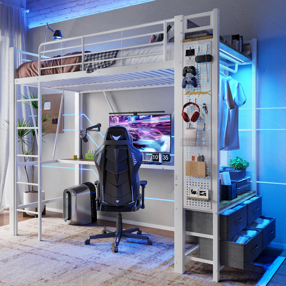 Loftsäng 90x200 CM Järnram Skrivbord Hyllor Lådor USB C LED