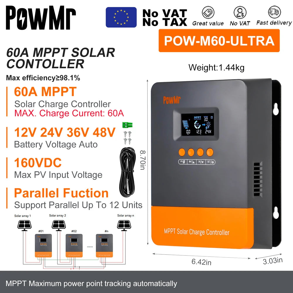 PowMr MPPT Solar Charge Controller &ndash; LCD Display, 12V-48V