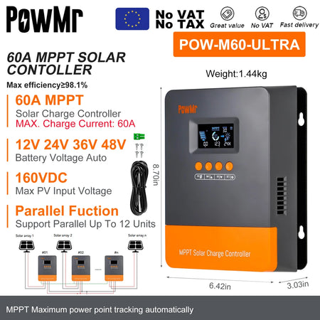 PowMr MPPT Solar Charge Controller &ndash; LCD Display, 12V-48V