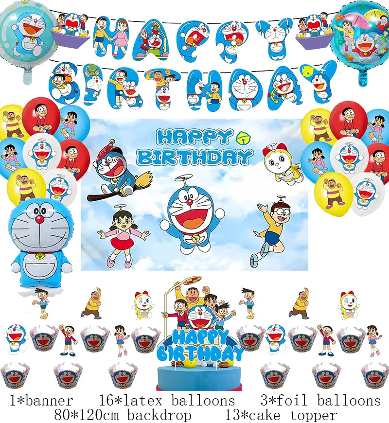 Doraemon Birthday Party Decoration Set with Banner, Cake Topper &amp; Balloons 1set A / Other / CHINA