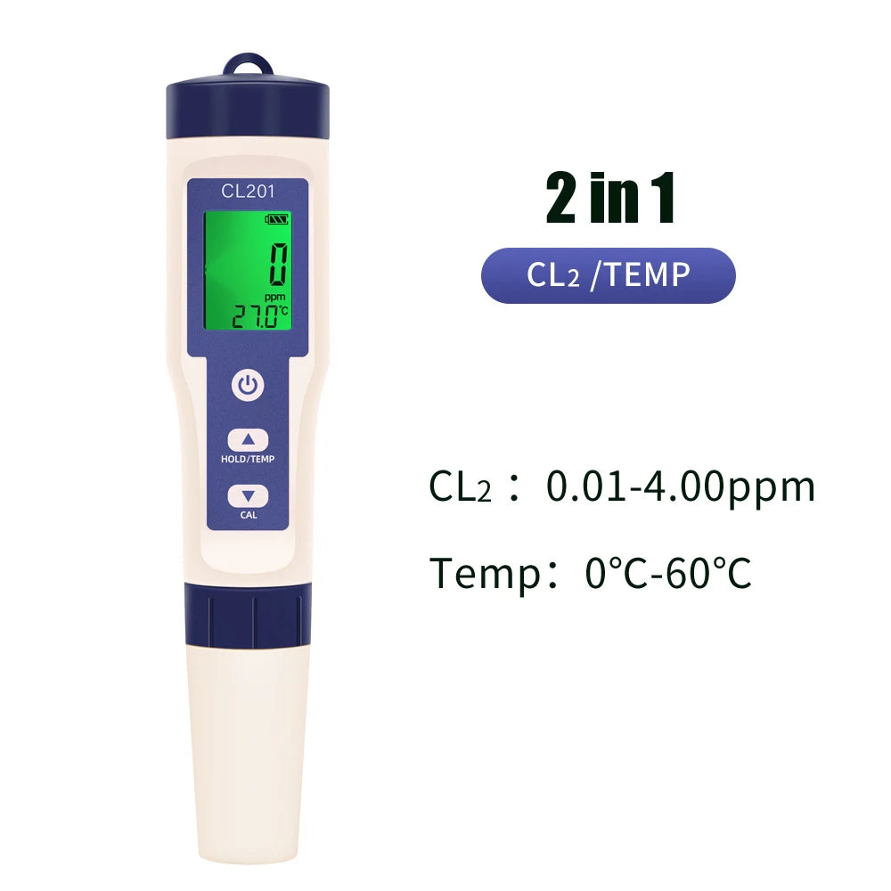 PH/CL2/H2/ORP/Temperature Meter Chlorine Detector &ndash; Backlit 2 in 1