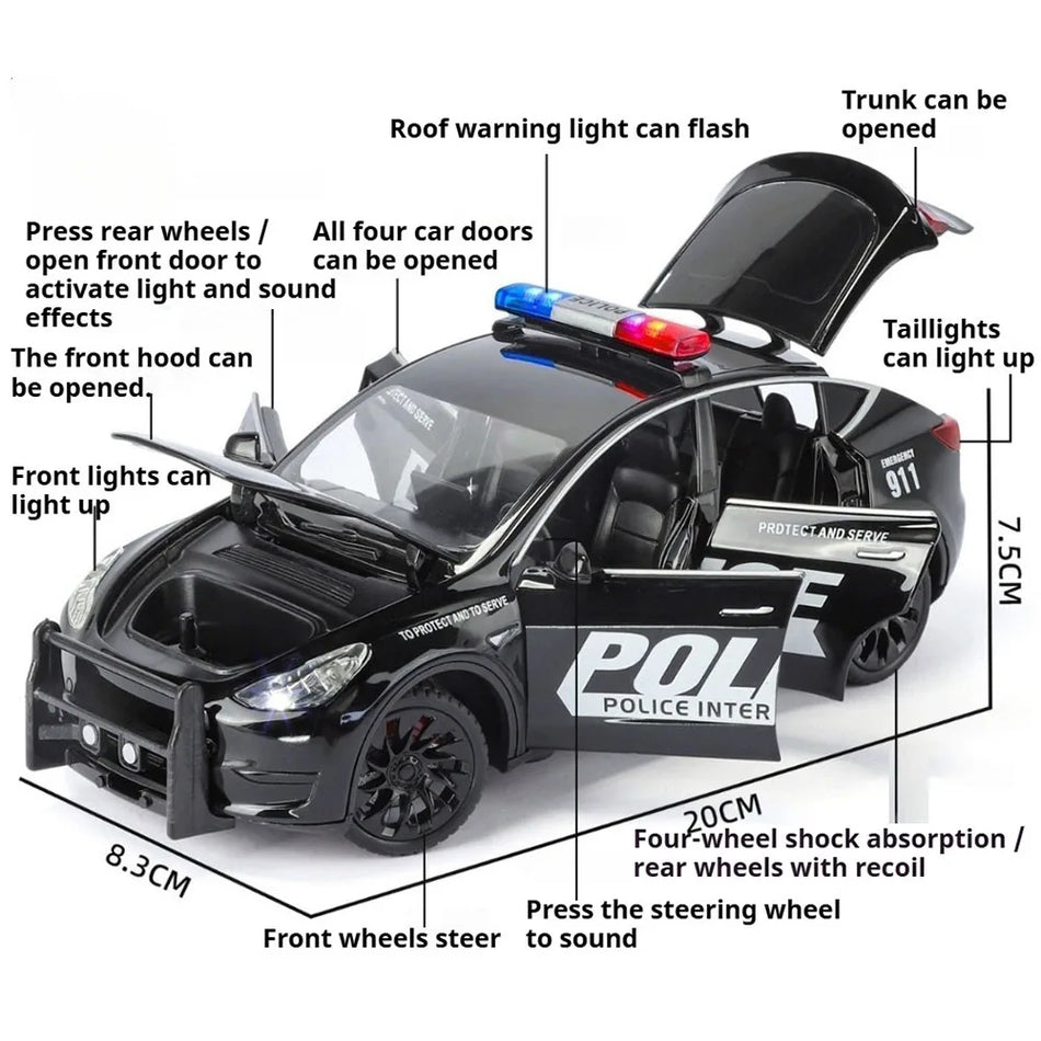 Modelo de coche de policía de metal a escala 1:24 con sonido y luz, puertas abatibles.