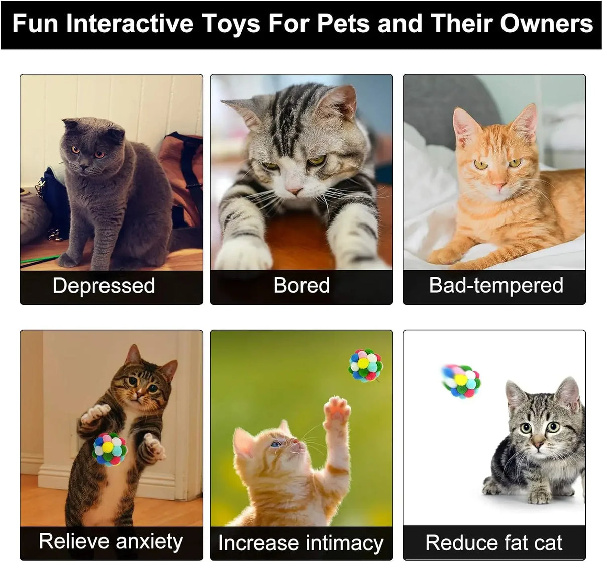 Interactive Cat Toy Balls with Bells - 3/60pcs Colorful, Eco-Friendly Plush Pom Poms for Indoor Cats and Kittens