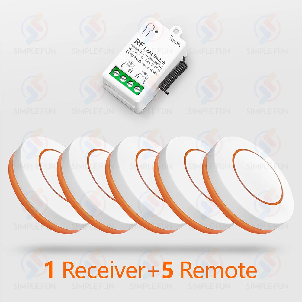 433Mhz Wireless Smart Light Switch - Mini RF Relay Receiver for Remote Control 1 Receiver 5 Remote