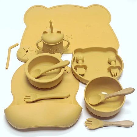 CZSAE 14pcs Silicone Baby Tableware Set &ndash; Drop-Proof and Non-Slip Design yellow
