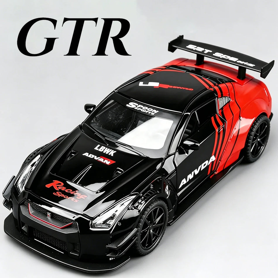 Model de mașină de curse GTR din metal turnat la scară 1:32, cu uși deschise.