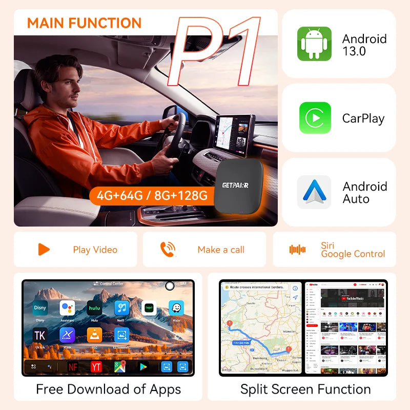 Android 13 CarPlay AI Box s bezdrátovým CarPlay a Android Auto, GPS