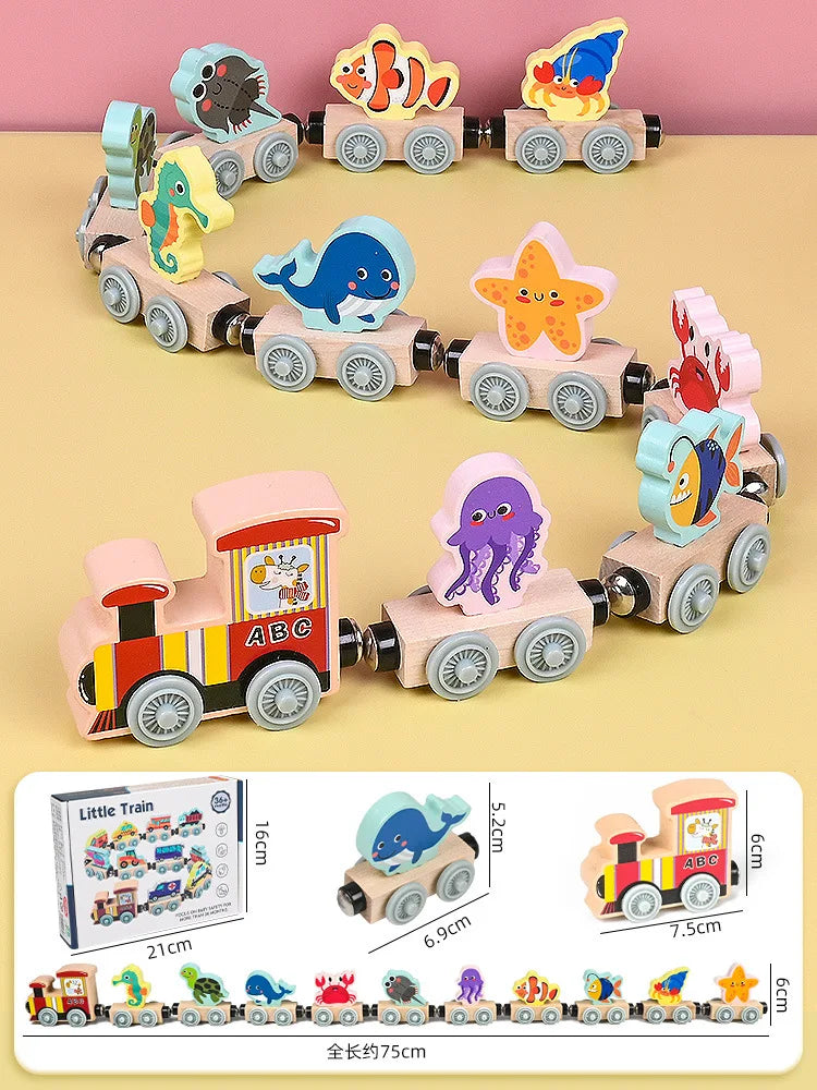 Montessori Magnetic Wooden Educational Train Set - Learning Colors and Animals Puzzle for Kids, Includes 10 Carriages with Cute Themes Ocean