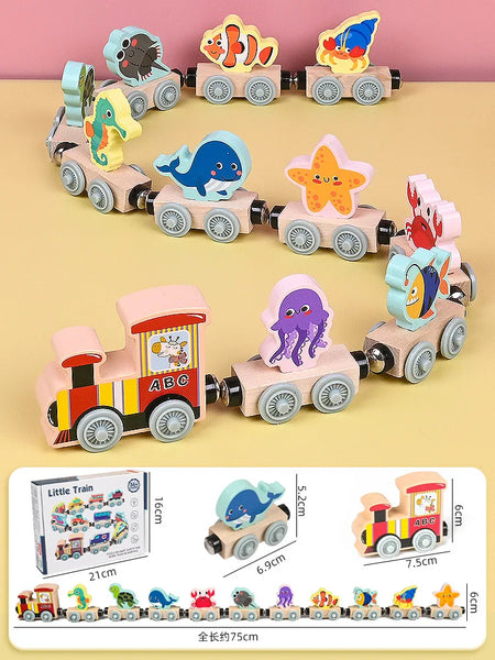 Montessori Magnetic Wooden Educational Train Set - Learning Colors and Animals Puzzle for Kids, Includes 10 Carriages with Cute Themes Ocean