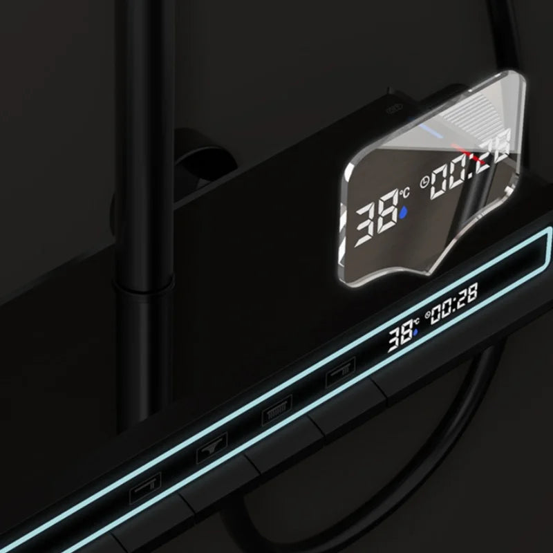 Sprchový systém s digitálním zobrazením teploty a ambientním osvětlením, 4 funkce, jádro z masivního mosazi, chromový povrch