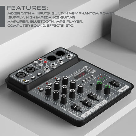 4 Channel Audio Mixer 48V Phantom USB - Bluetooth Enabled