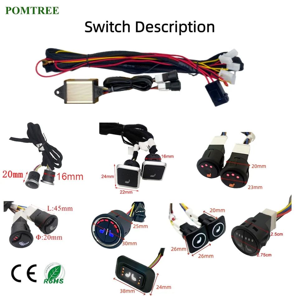 Комплект за отопление на автомобилни седалки за 2 седалки, 12V, 4 нагревателни подложки от сплав, 3-степенен превключвател