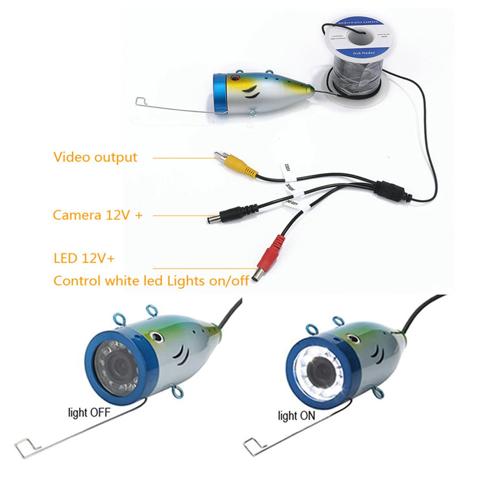7in Underwater Fishing Camera with Color Monitor &amp; 12 LEDs - IP68 Waterproof, 20m Cable