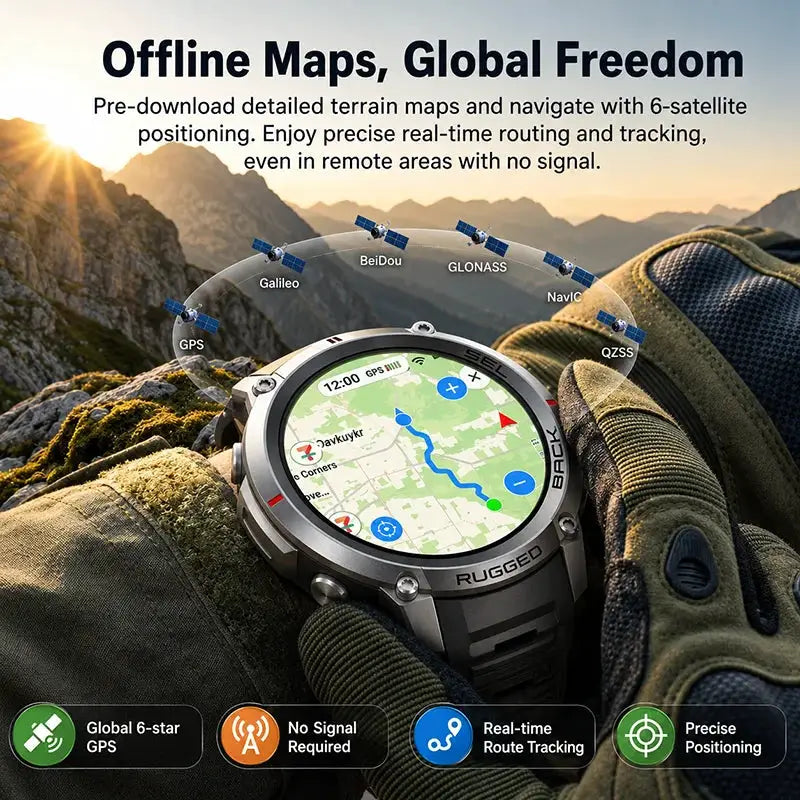2026 Military Satellite Offline Map GPS Smart Watch Men 1.43''AMOLED Bluetooth Call Compass 5ATM Waterproof 170+Sport Smartwatch by InterCyprus Trading Ltd