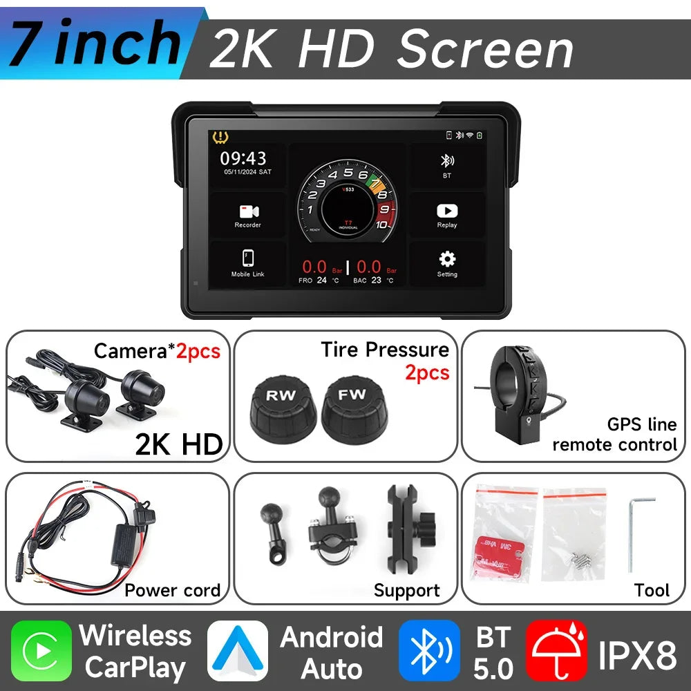 JIUYIN 7 Inch Motorcycle GPS &ndash; IP67 Waterproof Touch Screen with Wireless CarPlay and Android Auto M772-TMPS-control / CHINA
