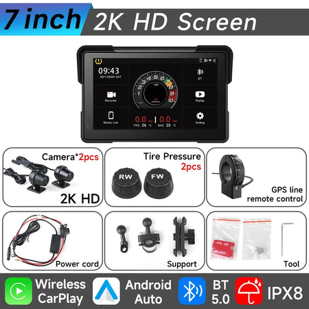 JIUYIN 7 Inch Motorcycle GPS &ndash; IP67 Waterproof Touch Screen with Wireless CarPlay and Android Auto M772-TMPS-control / CHINA