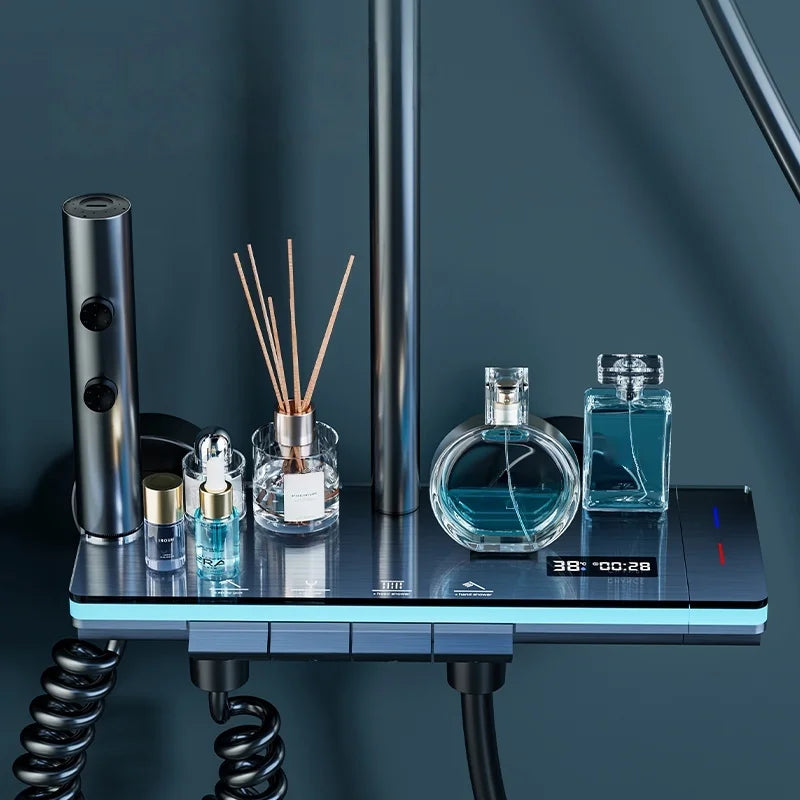 Shower Set with Digital Temperature Display, Stainless Steel Rainfall, Top Shower and Height Adjustable Hand Shower