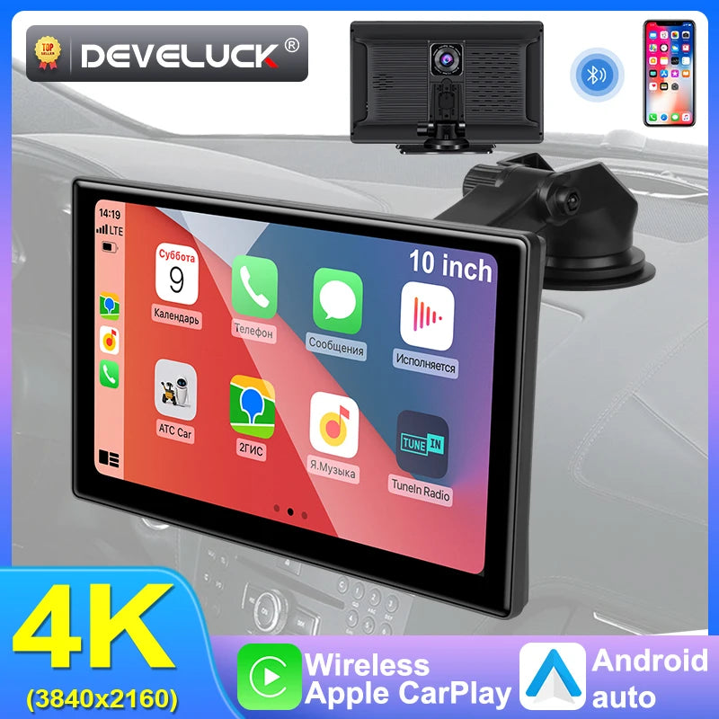 Develuck 10 Inch 4K Dash Cam With CarPlay And Android Auto, IPS Touchscreen, Dual Cameras
