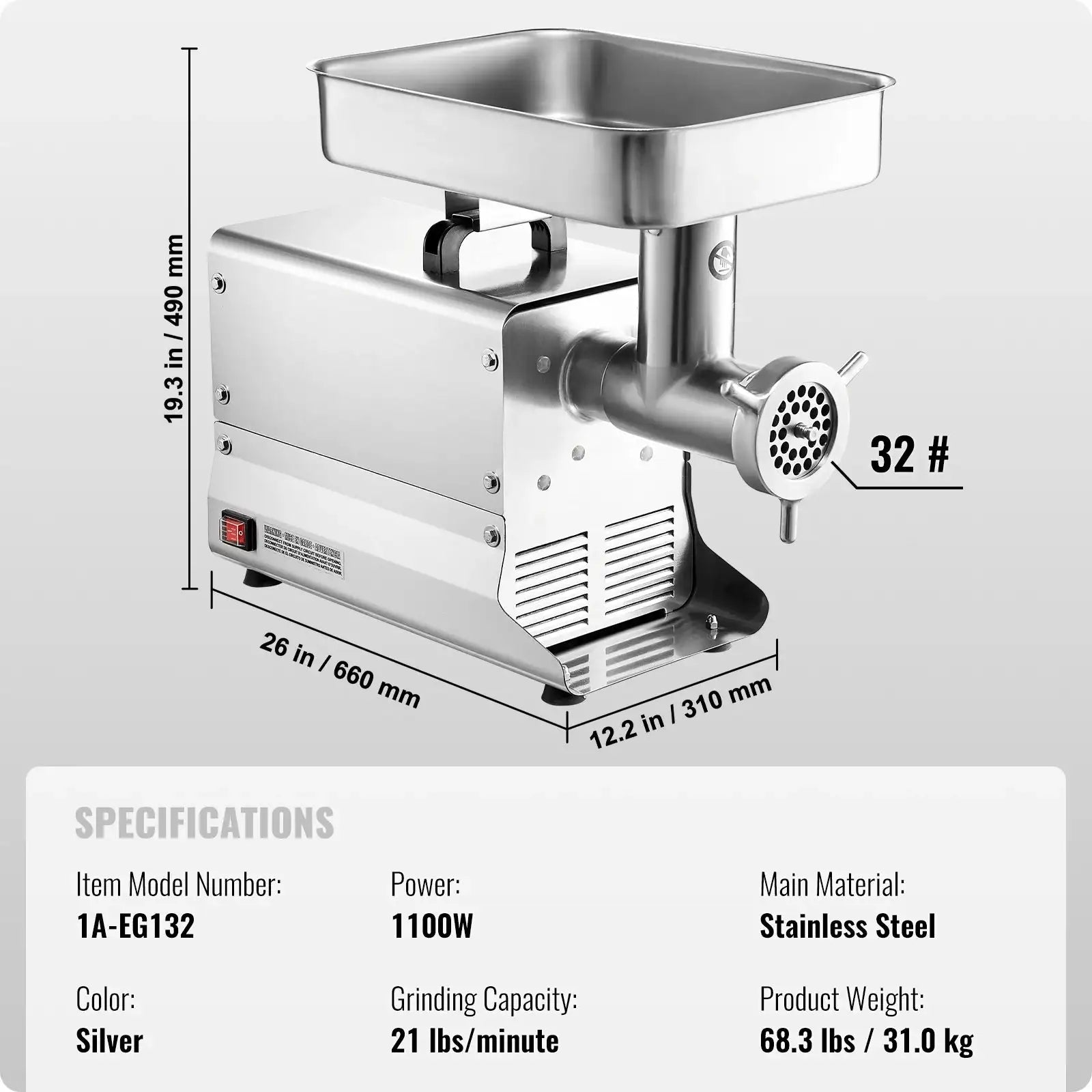 Electric Meat Grinder 1000W Sausage Maker Tubes 21Lbs 32size / france