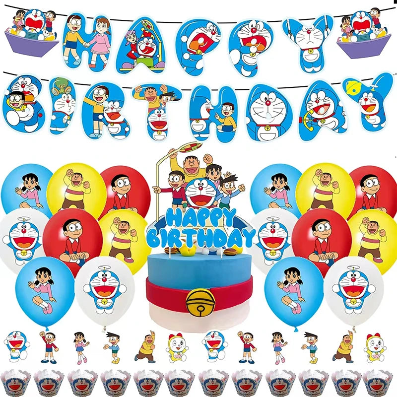 Doraemon Birthday Party Decoration Set with Banner, Cake Topper &amp; Balloons