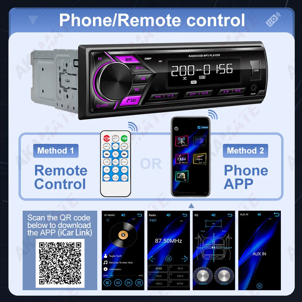 AKAMATE 1Din Car Radio MP3 Player &ndash; Bluetooth USB Charging