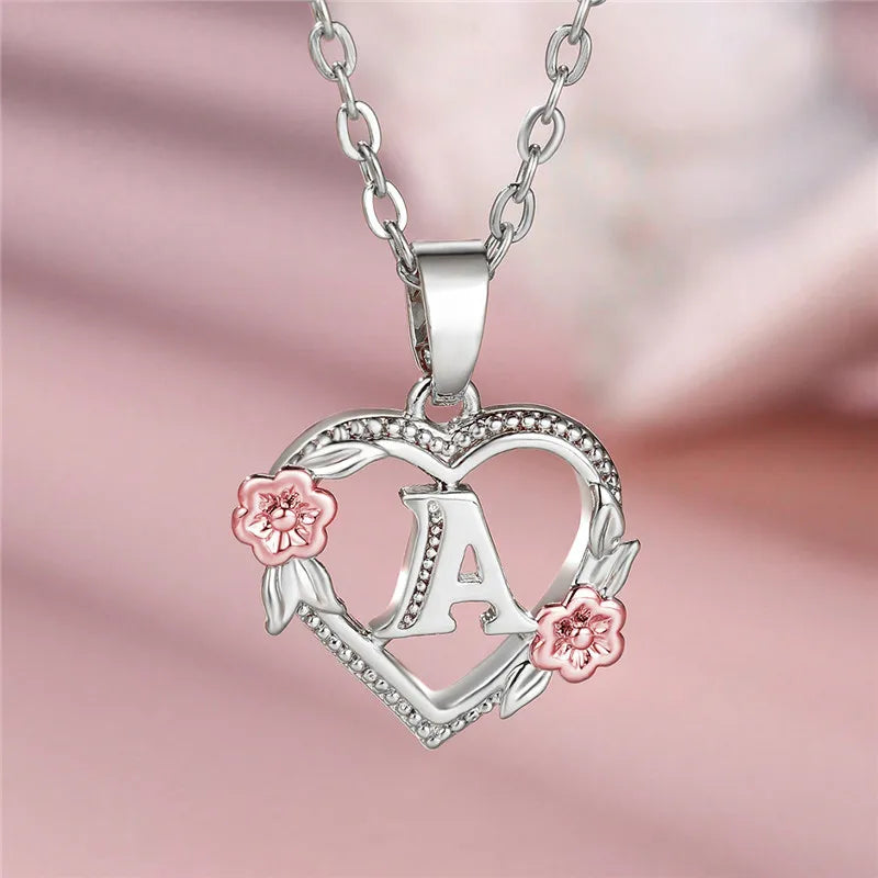 Charming Silver A-Z Letter Flower Pendant Necklace for Women A