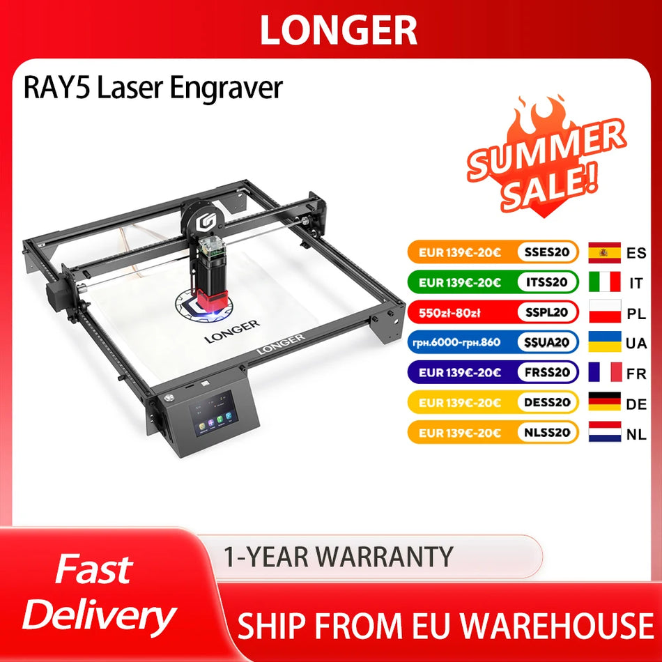 Longer Ray5 5.5W diodlasergravyrmaskin med 32-bitars chipset WiFi pekskärm offline gravering strömbrytare ögonskydd