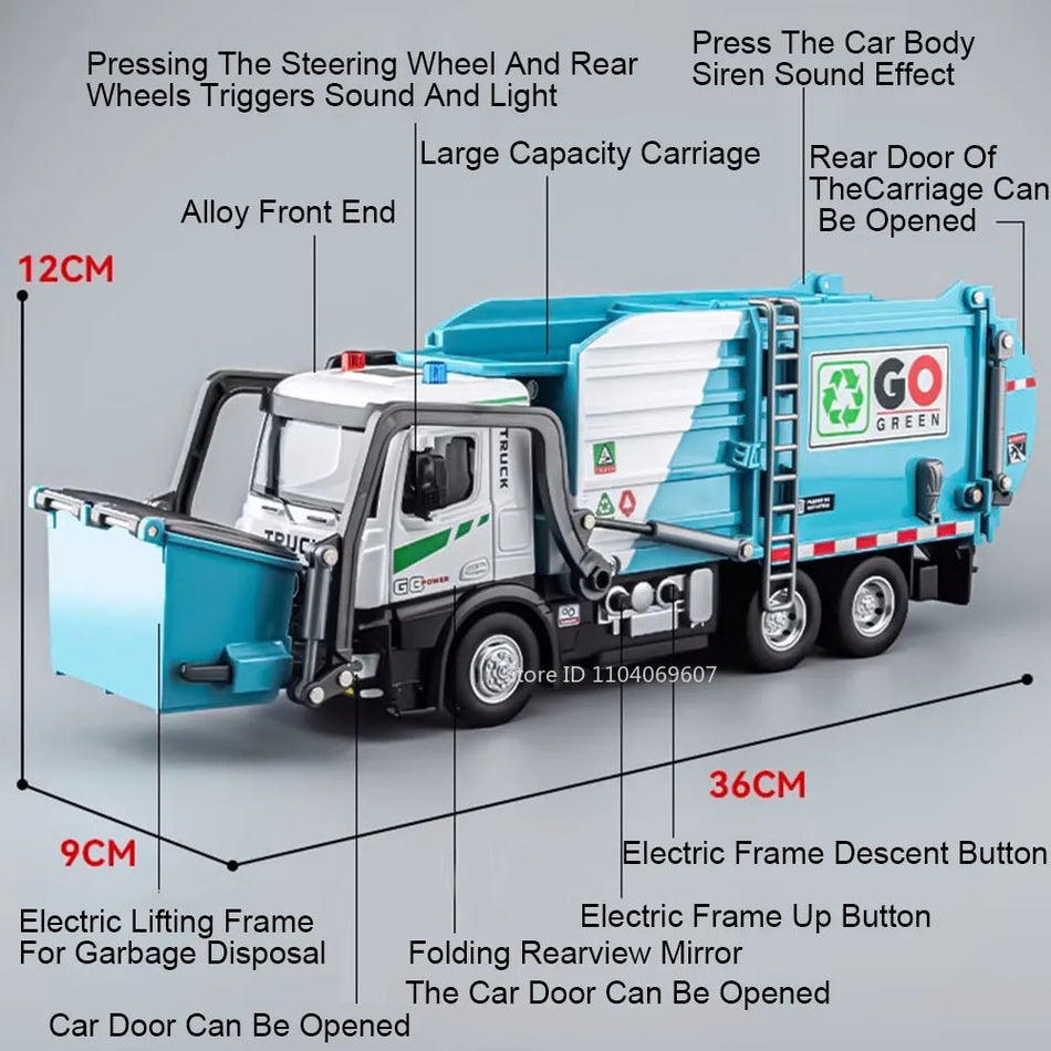 1:18 Model Toy Electric Sanitation Garbage Trucks Metal Diecast Alloy Crane Sound Light Doors Opened Engineering Vehicle Gifts