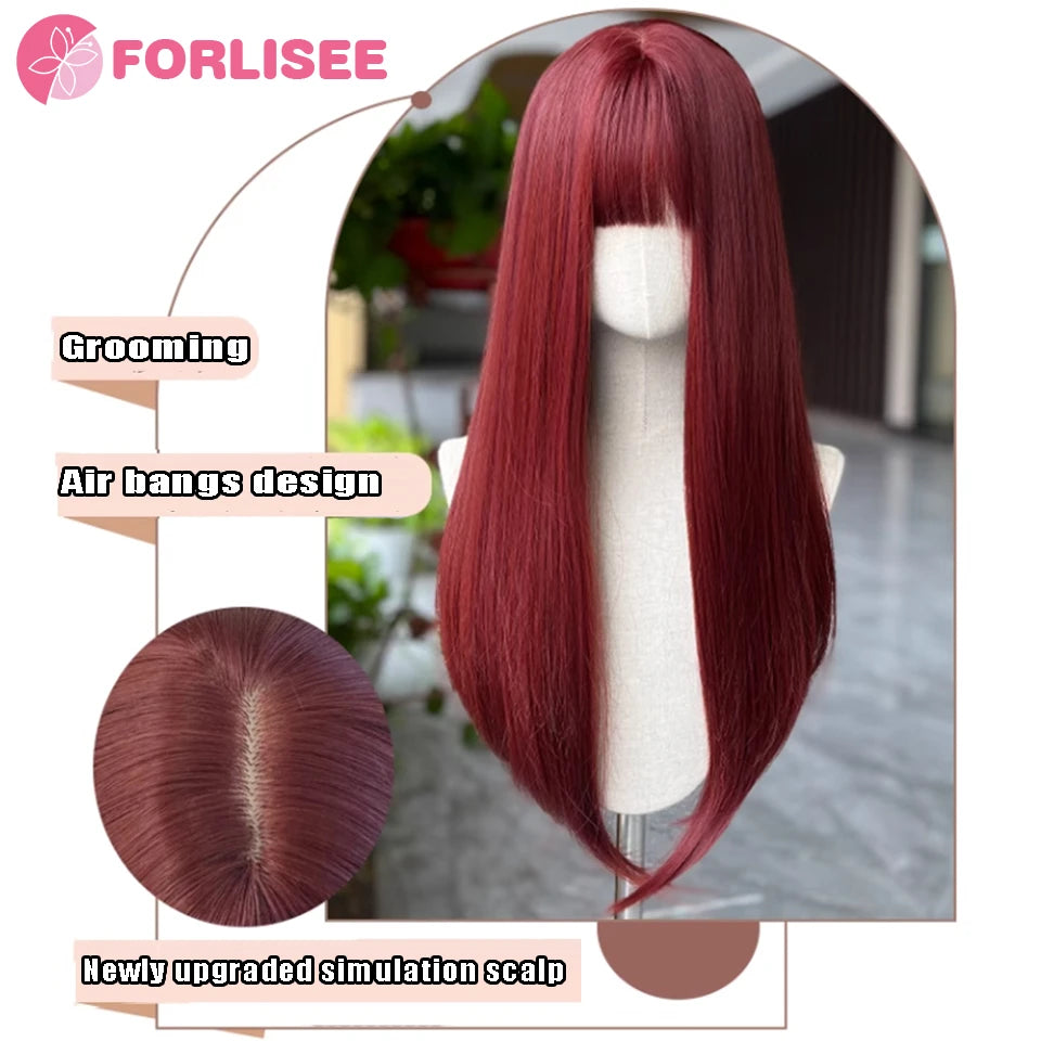 Forlisee Matte Wine Red Long Straight Wig with Bangs