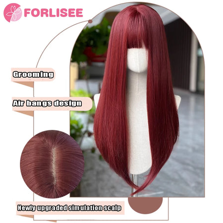 Forlisee Matte Wine Red Long Straight Wig with Bangs