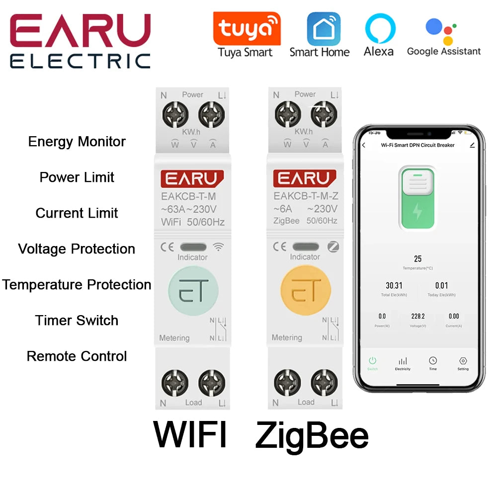 Tuya WiFi Zigbee Smart Circuit Breaker 1P+N 63A with Energy Monitoring and Voice Control 1-63A (Adjustable) / CHINA / WiFi