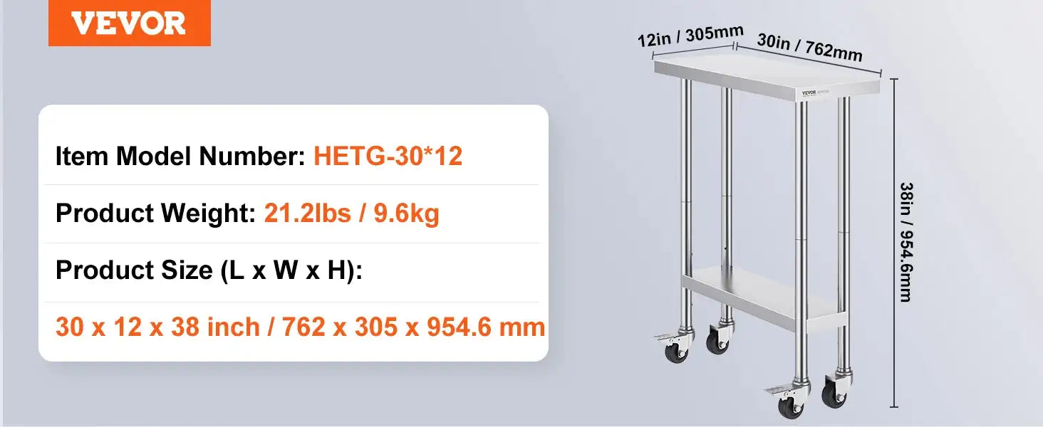 Stainless Steel Work Table Four Wheels 500 Lbs Load 30x12inch / UNITED KINGDOM