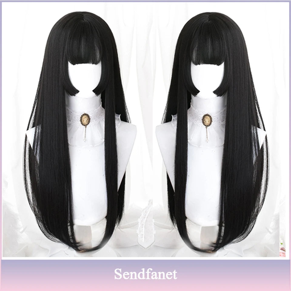 Long Straight Black Synthetic Wig with Bangs for Cosplay and Everyday Wear #6 / CHINA