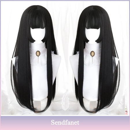 Long Straight Black Synthetic Wig with Bangs for Cosplay and Everyday Wear #6 / CHINA