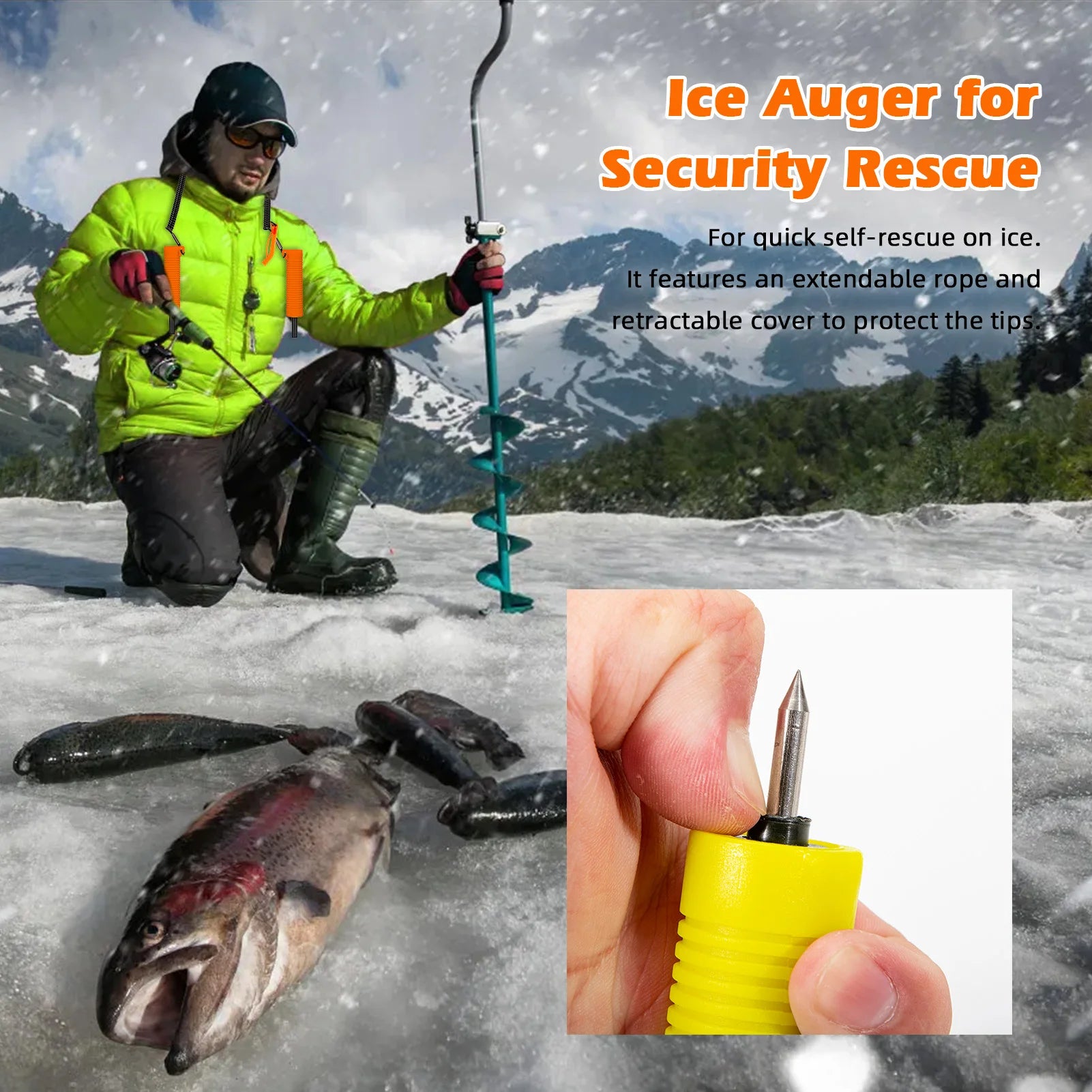 Ice Auger Ice Fishing Retractable Drill - Extendable Rope