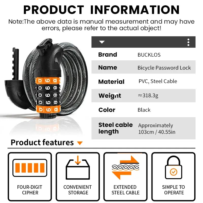 BUCKLOS Bicycle Cable Lock Anti-theft 5-digit Bike Password Lock 1.03M Steel Cable Zinc Alloy E-Bike Locks Bicycle Accessories by InterCyprus Trading Ltd