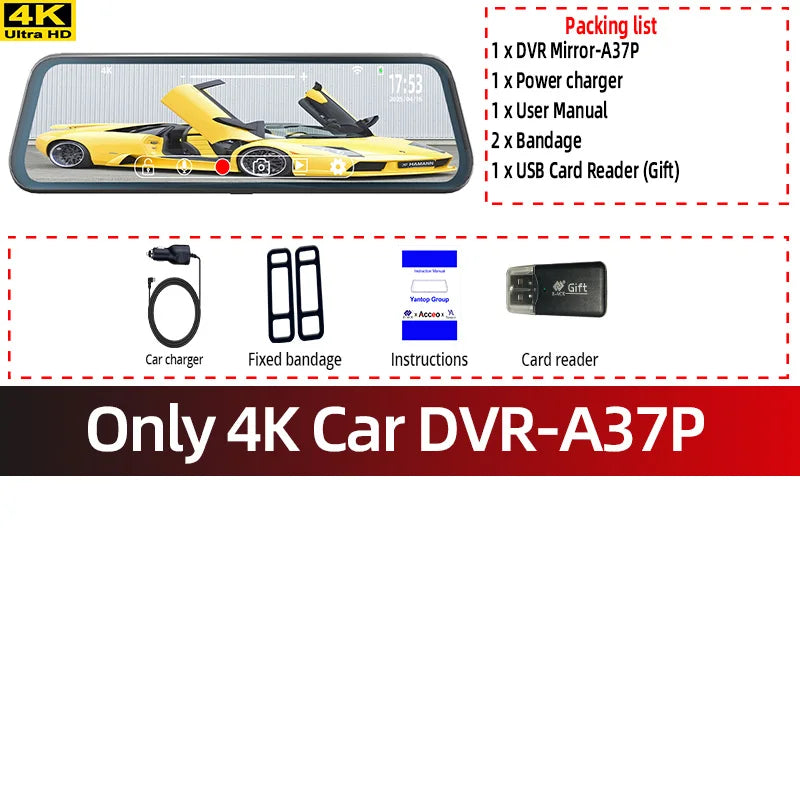 ACCEO Black Glass 4K Dashcam Mirror - Night Vision GPS Only 4K Car DVR-A37P / 128GB