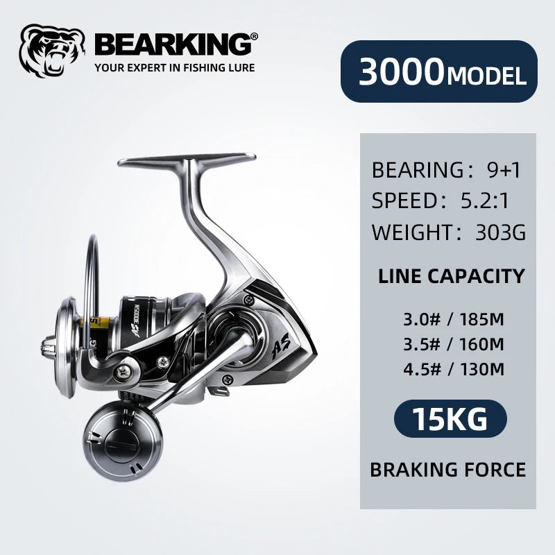BEARKING Saltwater Fishing Reel - 1000-6000 Series, 9+1BB, 5.2:1 Gear Ratio, 10-20KG Drag, Water-Proof 3000 / 9