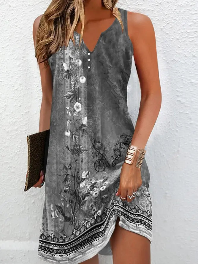 Bohemian V-Neck Summer Dress - Sleeveless A-Line Vacation Essential