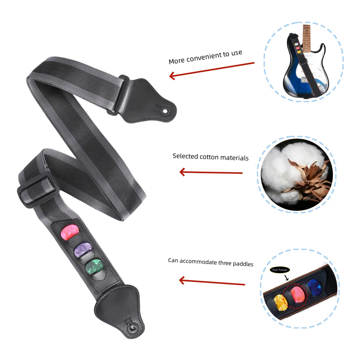 Miwayer 3 Picks Guitar Strap Leather Ends &ndash; Adjustable