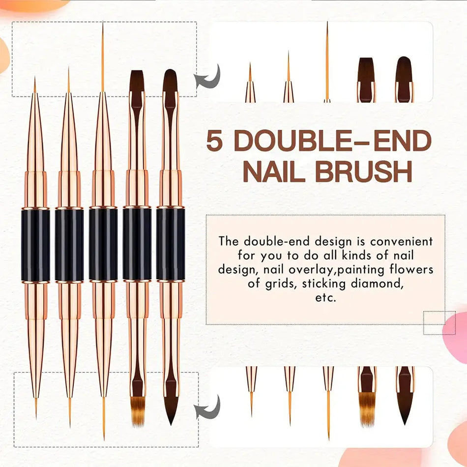 New Nail Art Brush Set, Professional 5-Piece Dual-Ended Acrylic Brushes, Line Puller, Fine Detail Brush, Ideal for Gel, 3D Nail by InterCyprus Trading Ltd