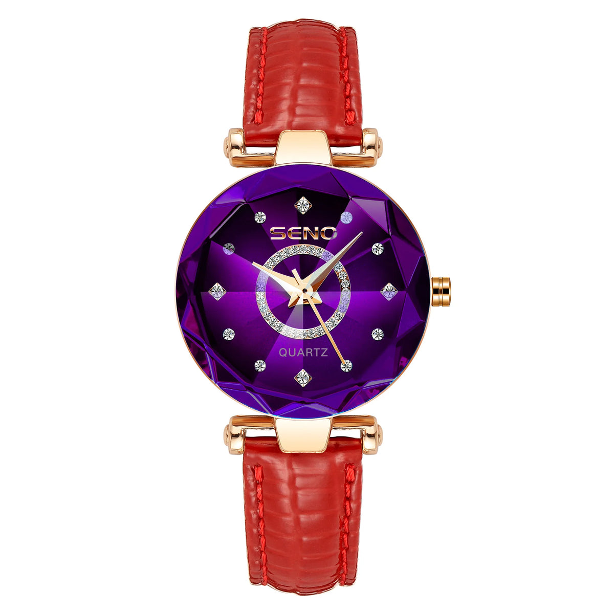 SENO Ocean Star Luxury Rose Gold Women's Crystal Bracelet Watch leather purple