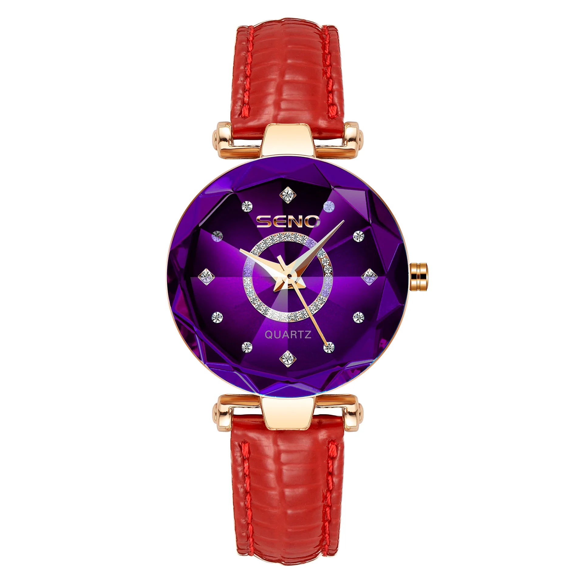 SENO Ocean Star Luxury Rose Gold Women's Crystal Bracelet Watch leather purple