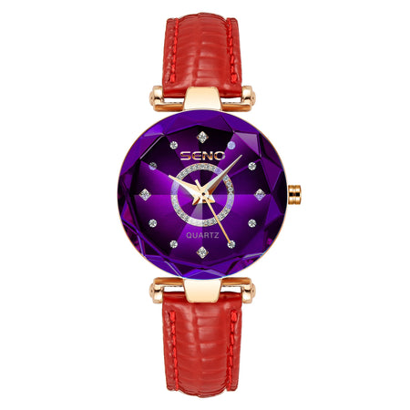 SENO Ocean Star Luxury Rose Gold Women's Crystal Bracelet Watch leather purple