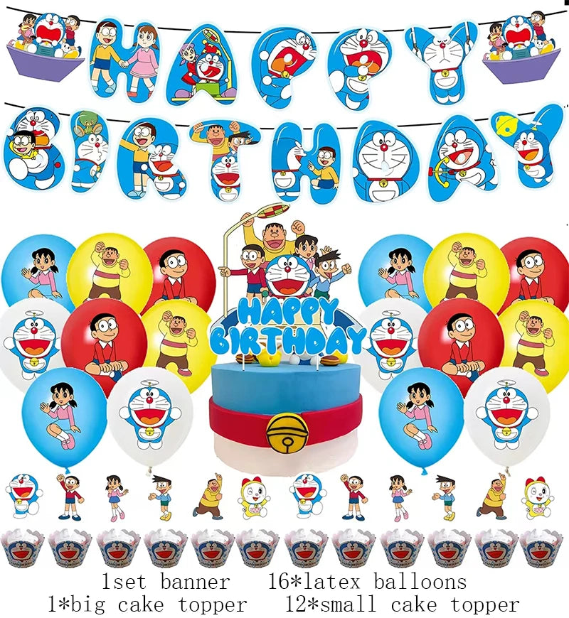 Doraemon Birthday Party Decoration Set with Banner, Cake Topper &amp; Balloons 1set D / Other / CHINA