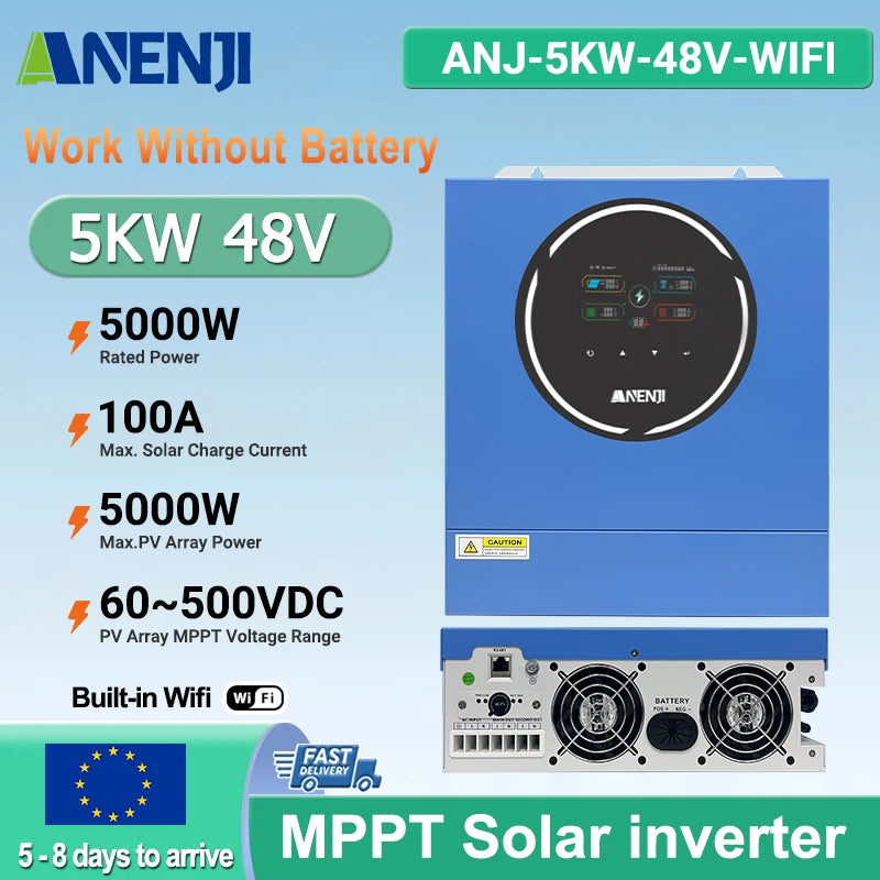 ANENJI 5KW 48V Hybrid Solar Inverter with Built in WiFi, MPPT 100A, Pure Sine Wave, Works Without Battery